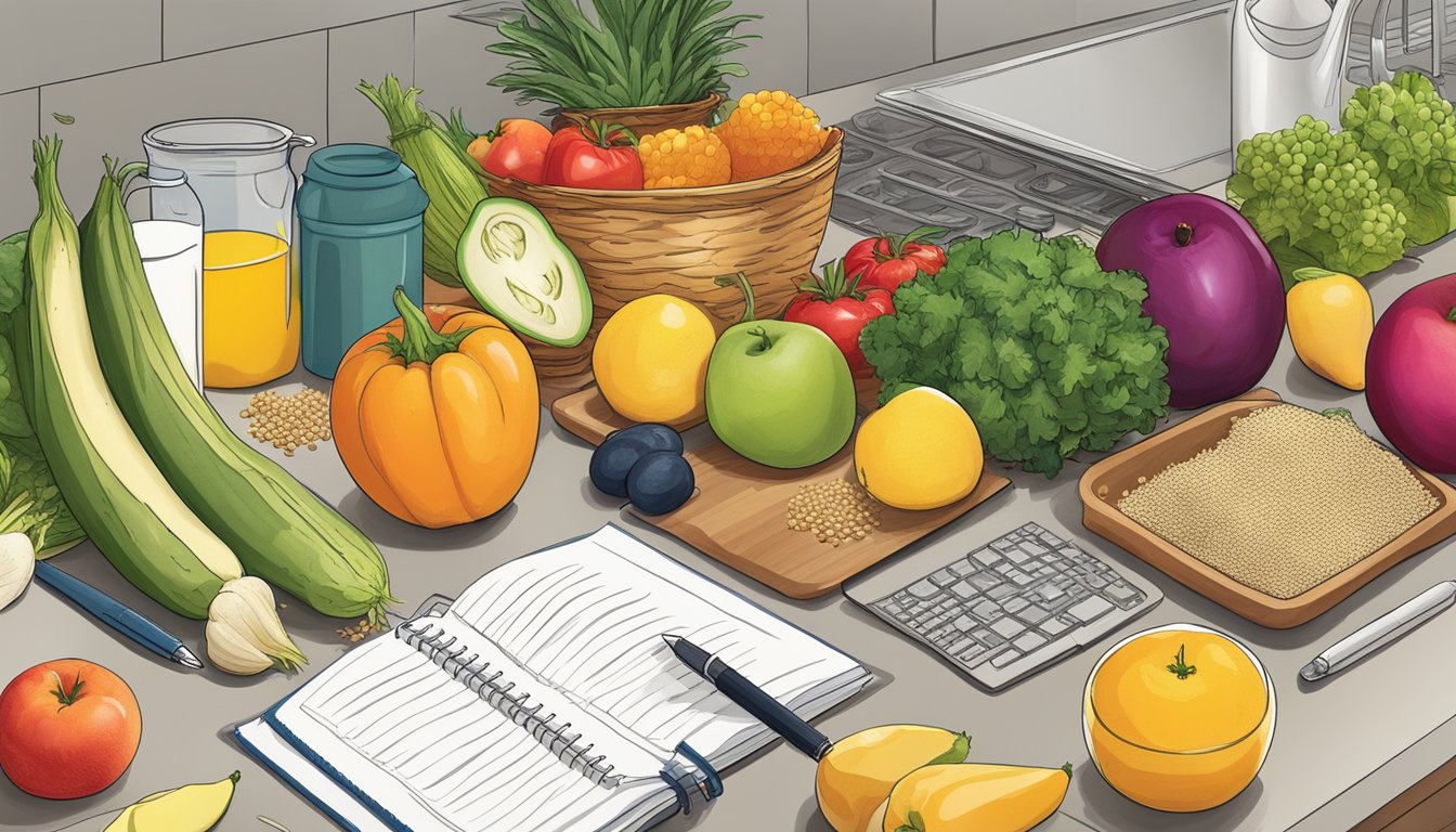 A colorful array of fruits, vegetables, grains, and proteins arranged on a kitchen counter, with a notebook and pen nearby for meal planning