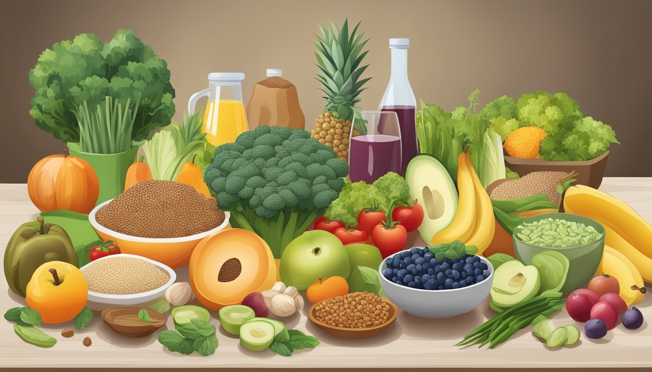 A variety of healthy foods arranged on a table, including fruits, vegetables, lean proteins, and whole grains