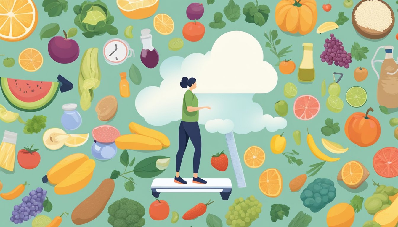 A person standing on a scale, surrounded by various healthy food items and exercise equipment, with a cloud of uncertainty above them