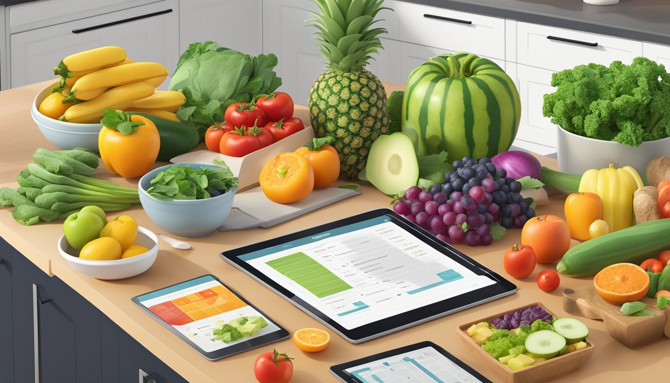 A colorful array of fresh fruits and vegetables arranged on a kitchen counter, with a variety of healthy cookbooks open and a tablet displaying Zepbound meal planning options