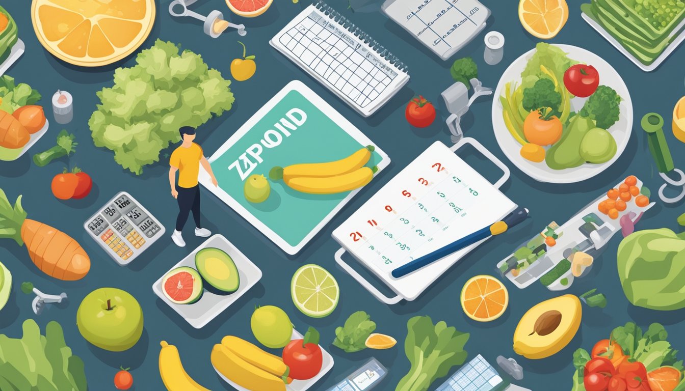 A person standing on a scale, surrounded by healthy food, exercise equipment, and a calendar with Zepbound logo