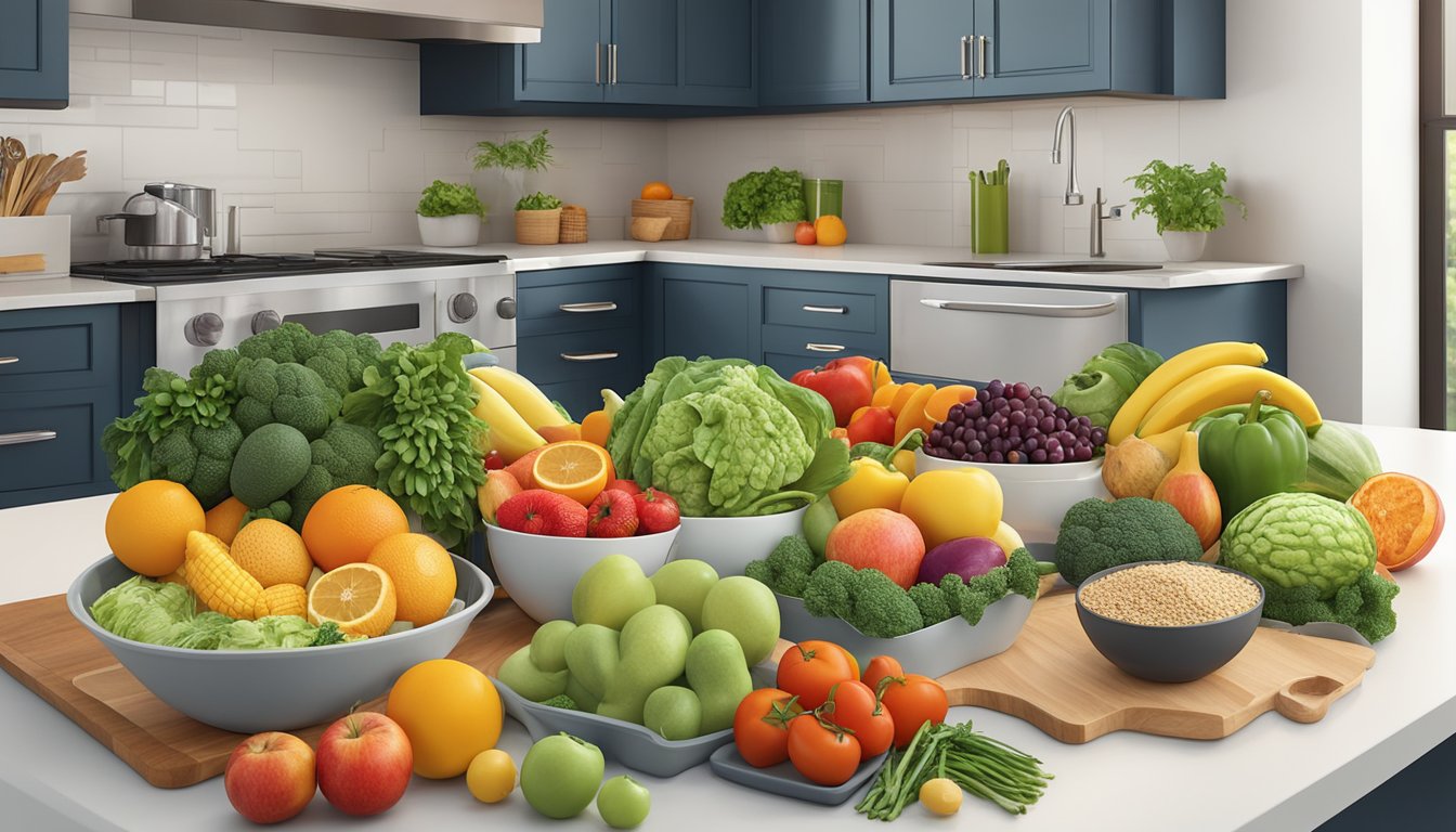 A colorful array of fresh fruits, vegetables, whole grains, and lean proteins arranged on a kitchen counter, ready for meal planning on Zepbound