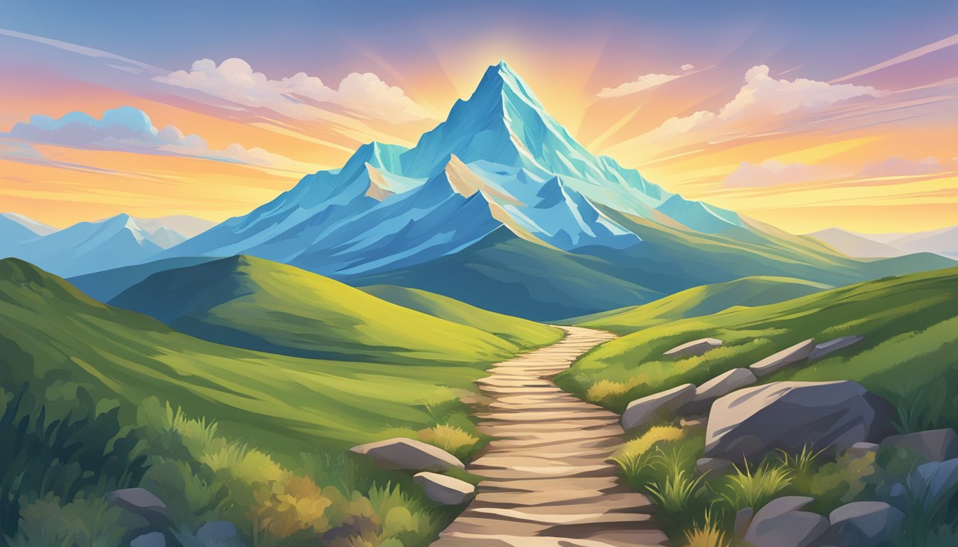 A person's journey to weight loss: a hiking trail leading to a mountain peak with a clear path and a bright, hopeful sky above