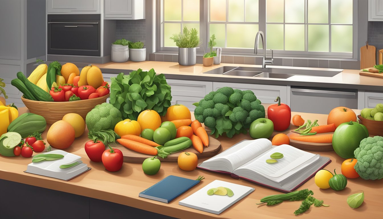 A colorful array of fresh fruits and vegetables arranged on a kitchen counter, with a variety of healthy cookbooks and meal planning tools scattered around