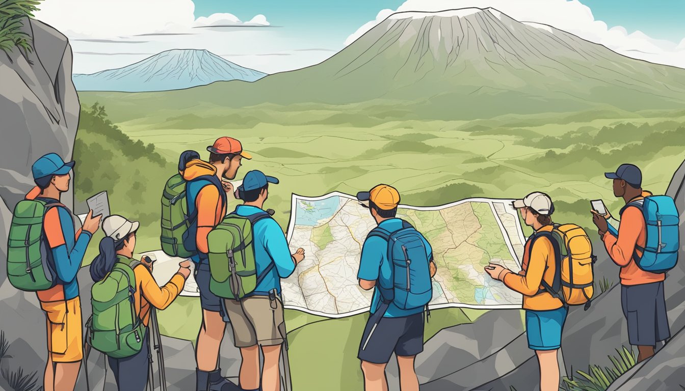 A group of hikers and guides gather around a map, discussing weight loss plateaus while trekking on Mount Kilimanjaro