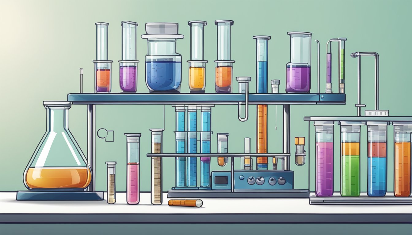 A laboratory setting with test tubes, vials, and scientific equipment, showcasing the progression from diabetes to weight loss with the drug Tirzepatide