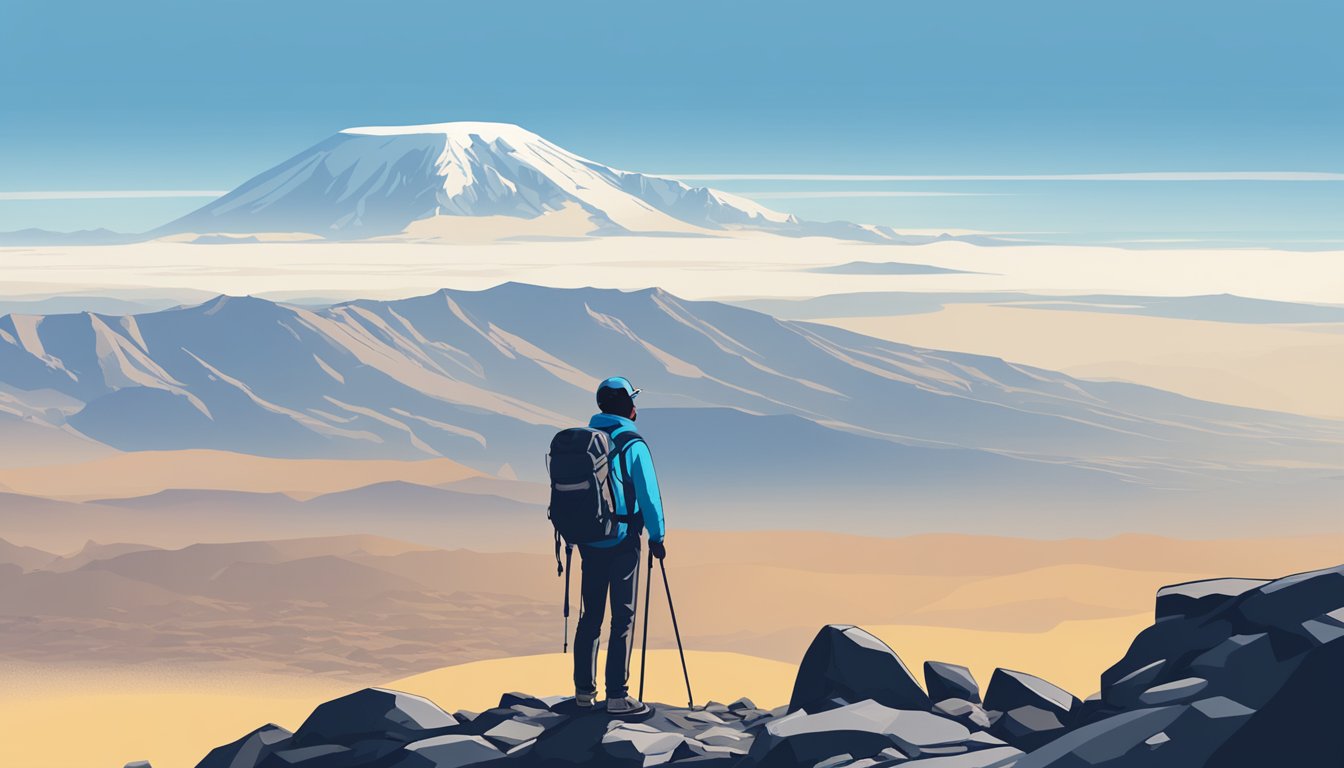 A person standing on a plateau at the summit of Mount Kilimanjaro, surrounded by a vast, rugged landscape with a clear blue sky above