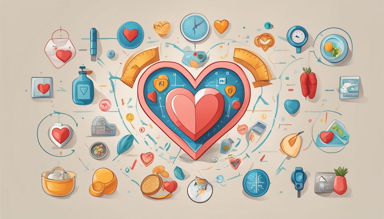 A heart surrounded by diabetes-related symbols transforms into a healthy heart with weight loss symbols