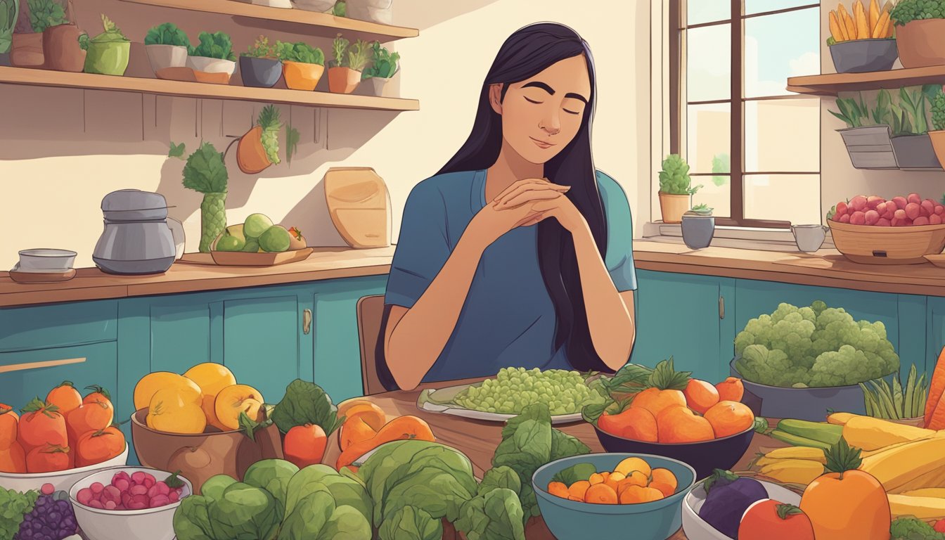 A serene person sits at a table, surrounded by a variety of colorful, whole foods. The person's expression is calm and focused as they engage in mindful eating