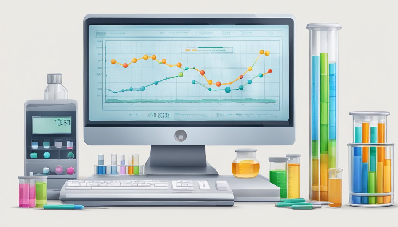 A laboratory table with test tubes, scientific equipment, and a computer displaying data charts on the evolution of Tirzepatide from diabetes to weight loss