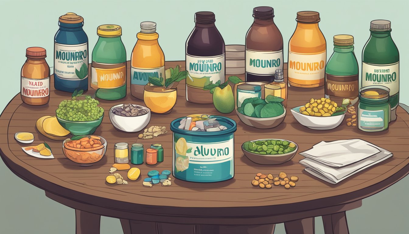 A table with various supplements and foods, some labeled "avoid" and others "take with Mounjaro." A bottle of Mounjaro sits in the center