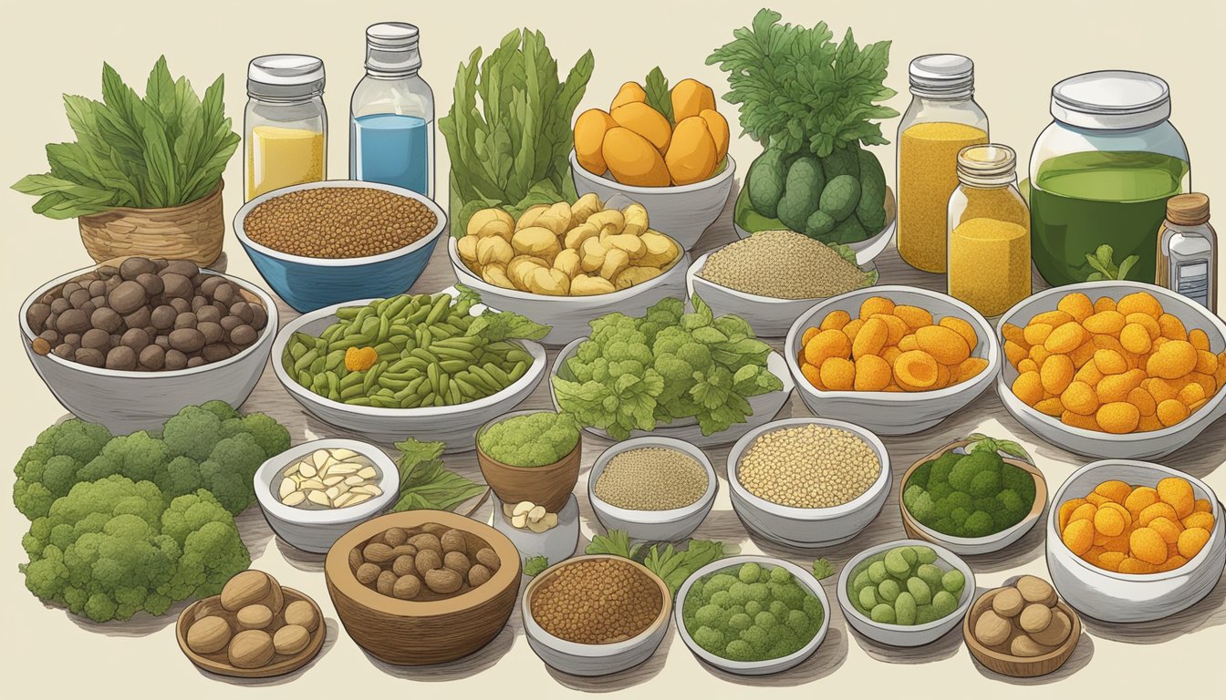 A table with a variety of nutrient-rich foods, supplements, and Mounjaro prominently displayed