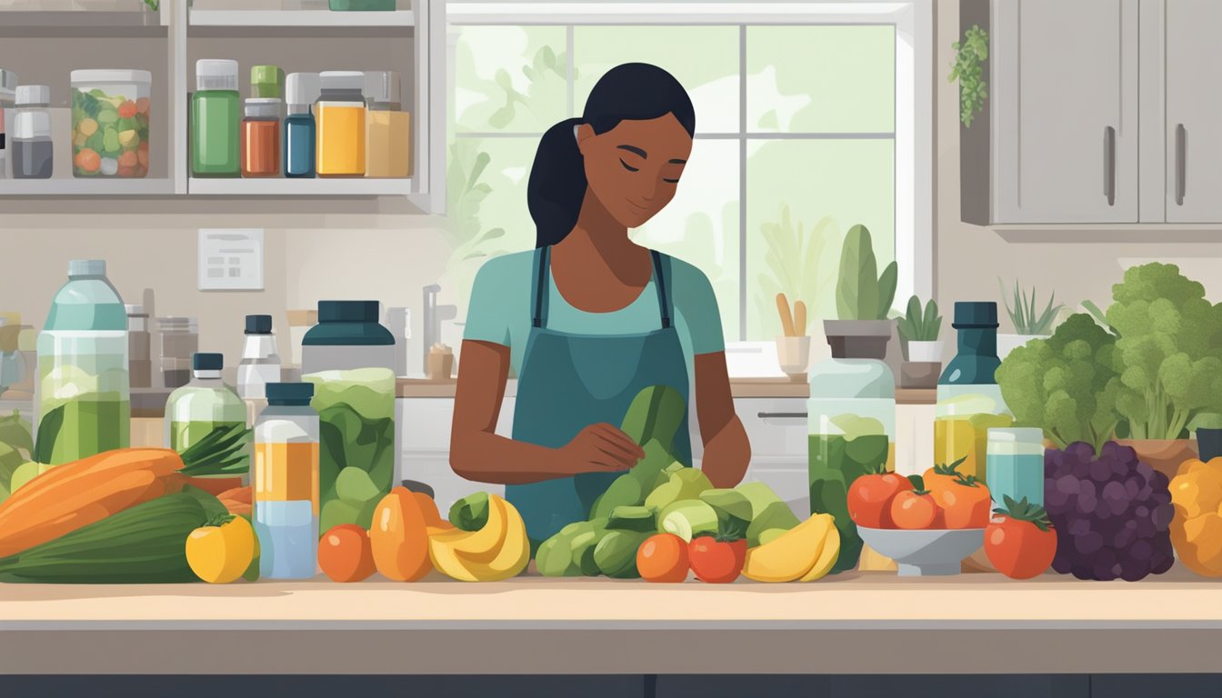 A person preparing a variety of fruits, vegetables, and supplements on a clean, organized kitchen counter. A bottle of Mounjaro is prominently displayed among the other items