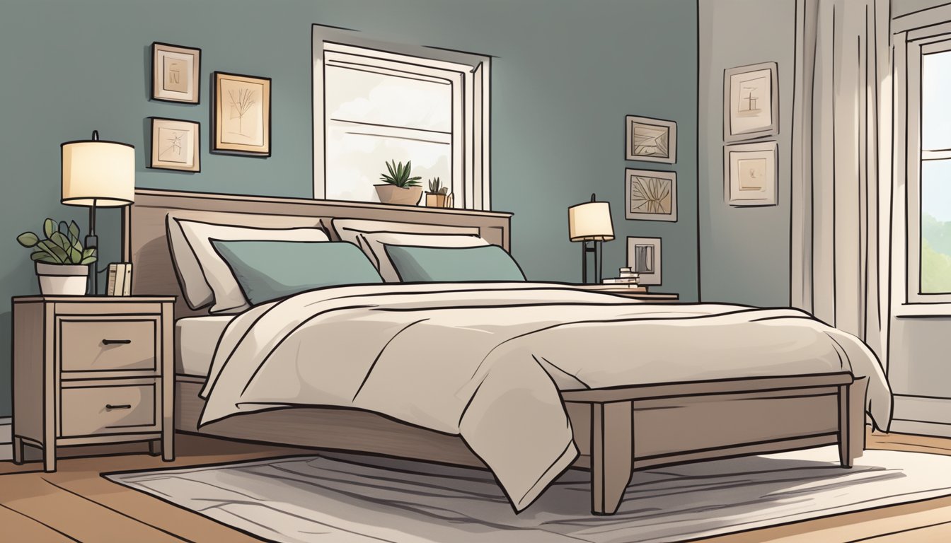 A cozy bedroom with a neatly made bed, soft lighting, and a calming color scheme. A journal and pen sit on the nightstand, and a diffuser emits a soothing scent