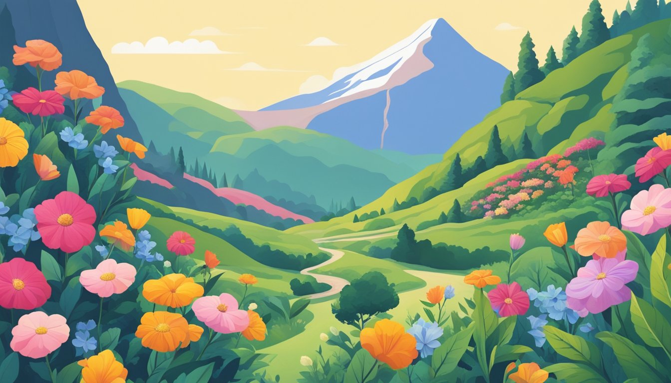 A serene mountain landscape with a clear blue sky, surrounded by lush greenery and colorful flowers. A person is shown taking or avoiding various supplements