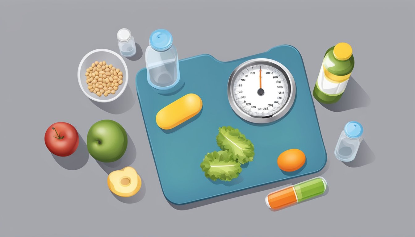 A scale with two pill bottles on one side and healthy food and exercise equipment on the other