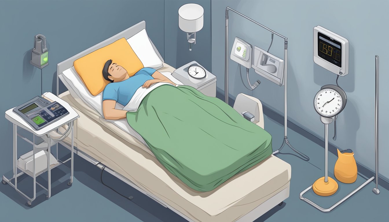 A person sleeping in a bed with a sleep apnea machine and a weight scale nearby