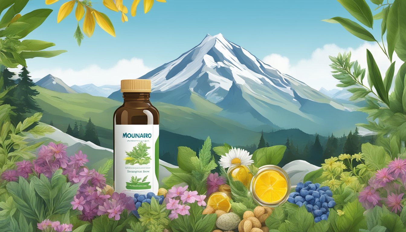 A mountain landscape with a clear blue sky, featuring a bottle of Mounjaro supplements surrounded by various other supplements and natural herbs