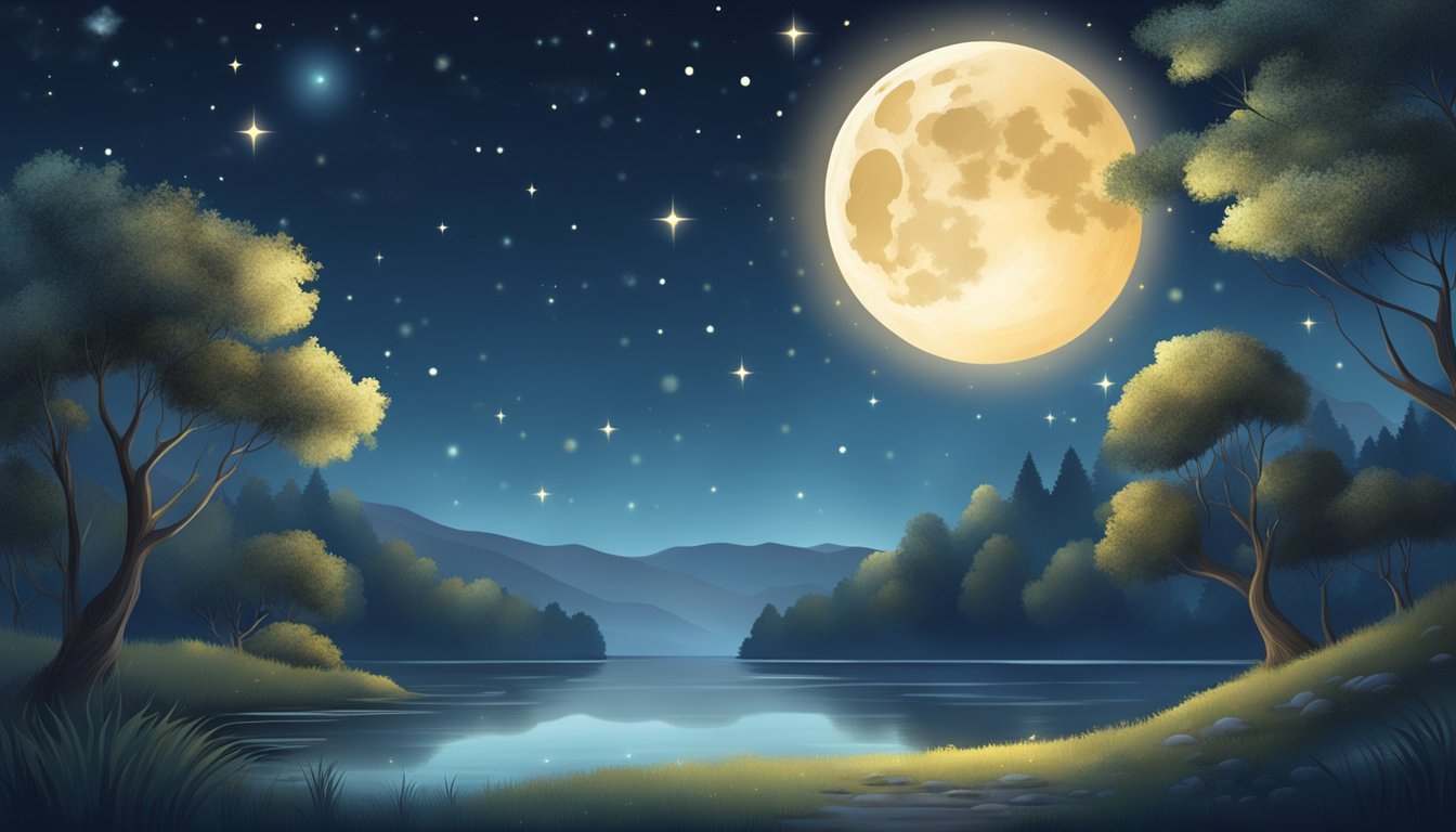 A peaceful night scene with a glowing moon and stars, a calm and serene atmosphere, and a sense of tranquility and relaxation