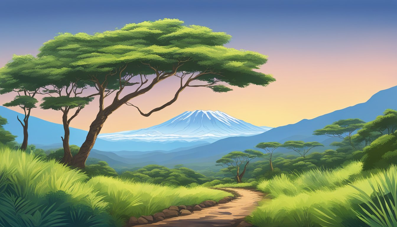 A vibrant mountain landscape with a clear blue sky, lush greenery, and a trail leading towards the summit of Mount Kilimanjaro