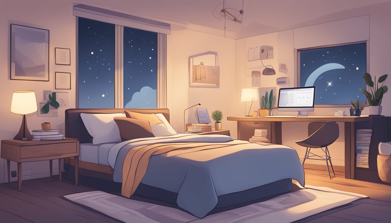 A peaceful bedroom with a cozy bed, soft lighting, and a journal on the nightstand. A sleep tracker and research materials are scattered across the desk, indicating a focus on improving sleep quality