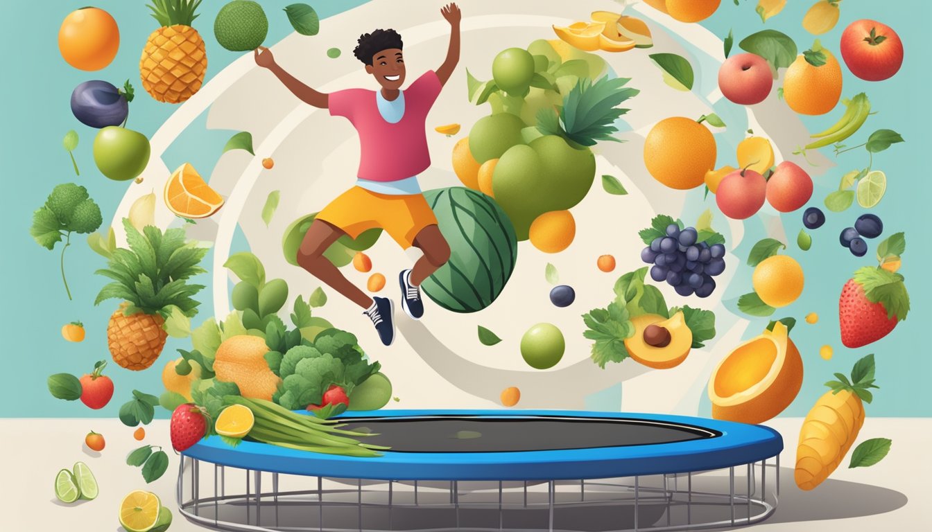 A person jumping on a Zepbound trampoline surrounded by healthy lifestyle elements like fruits, vegetables, exercise equipment, and relaxation items