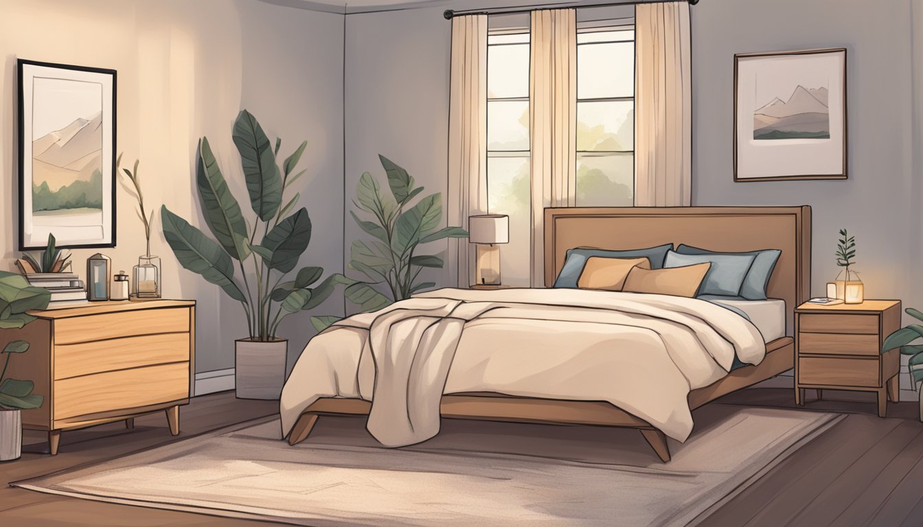 A serene bedroom with a cozy bed, soft lighting, and a peaceful atmosphere. A journal and pen sit on the nightstand, and a soothing essential oil diffuser fills the room with a calming scent