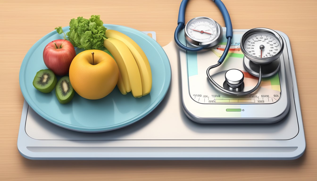 A scale balanced between a plate of unhealthy food and a plate of fruits and vegetables, with a stethoscope and a heart rate monitor in the background