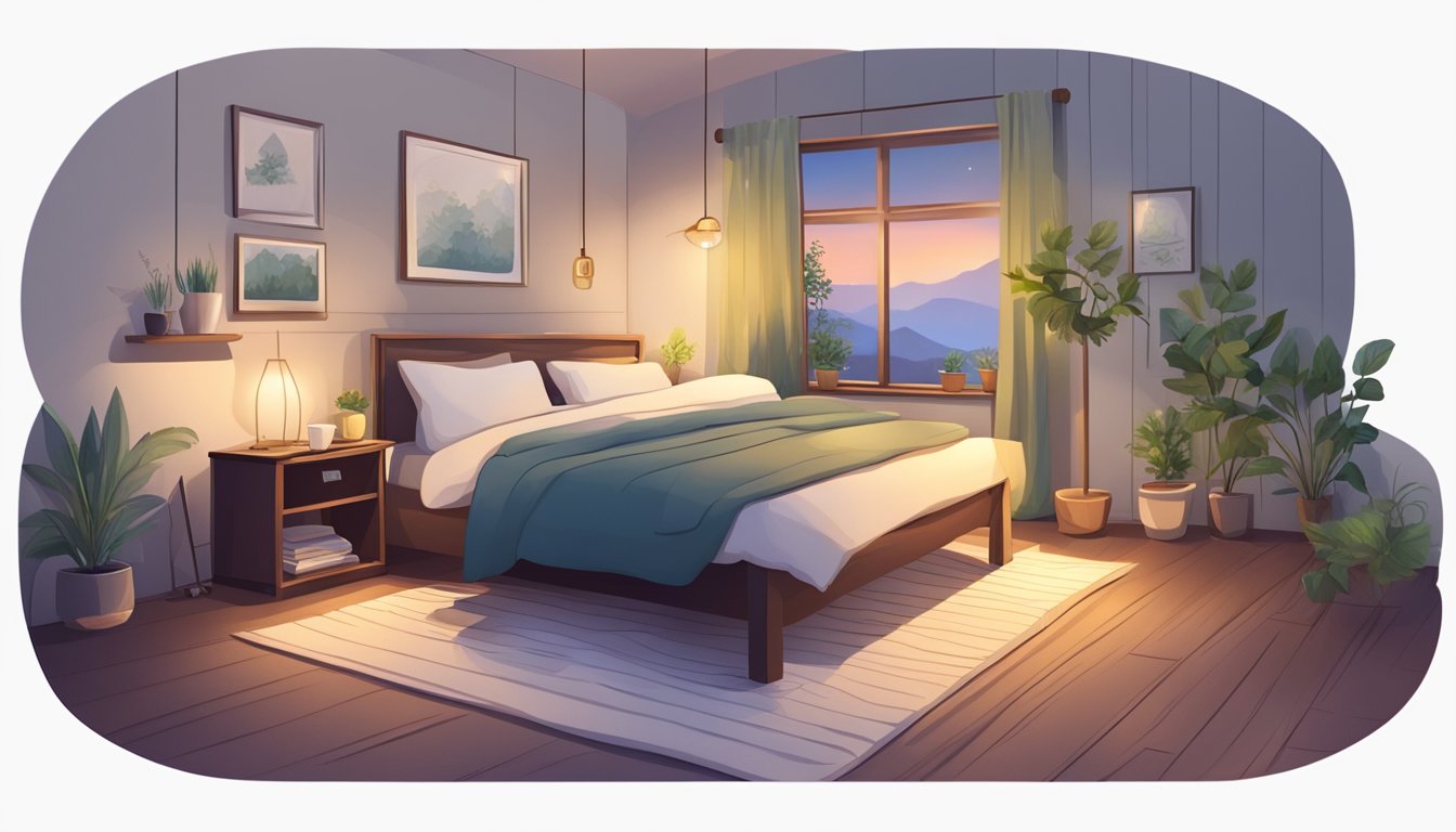 A peaceful bedroom with a cozy bed, soft pillows, and dim lighting. A clock on the nightstand shows the time. A cup of herbal tea sits nearby