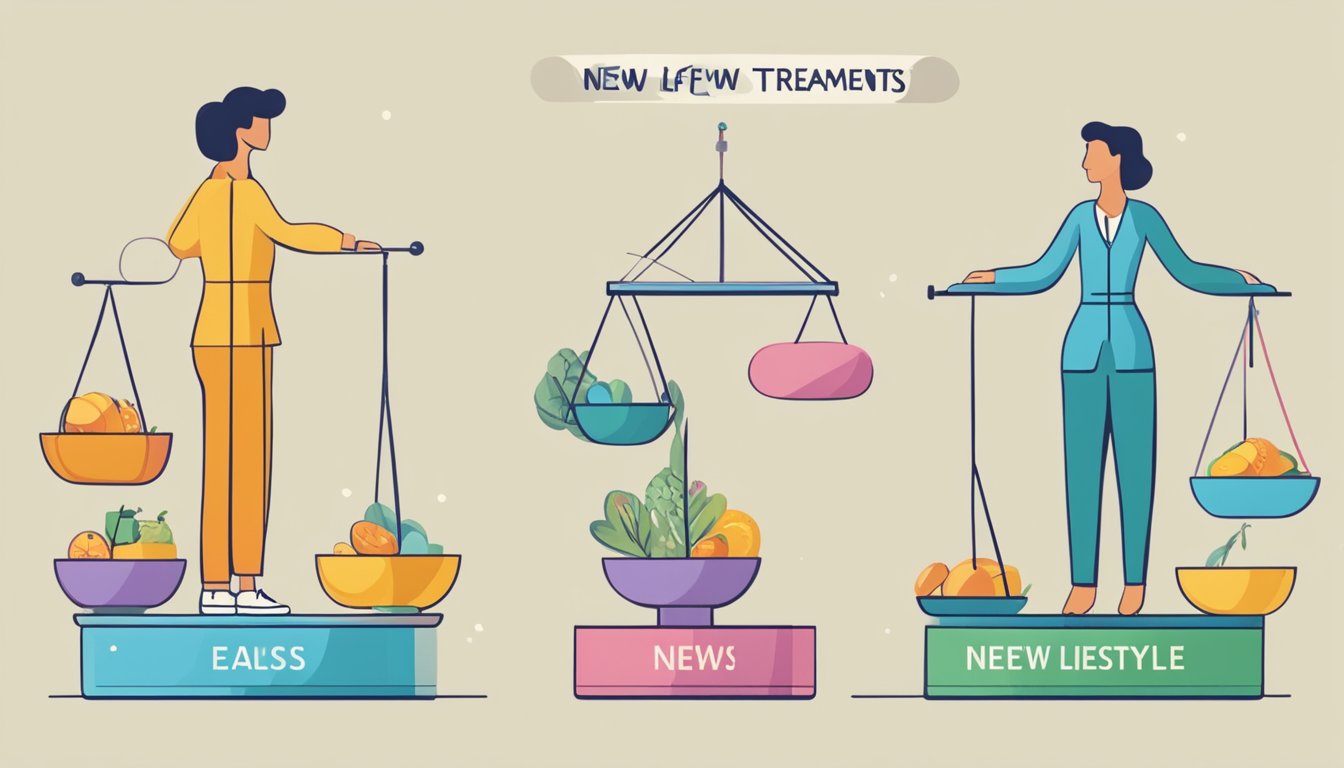 A person walking on a tightrope between two balancing scales, one labeled "New Treatments" and the other "Lifestyle Changes." Each scale is filled with various symbols representing different treatments and lifestyle choices