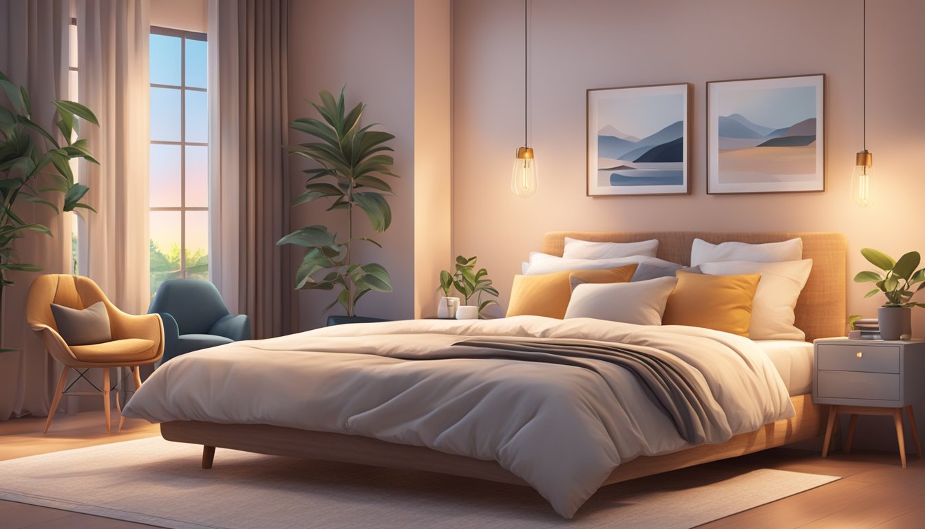 A cozy bedroom with a comfortable bed, soft pillows, and warm lighting. A peaceful atmosphere with calming colors and soothing decor