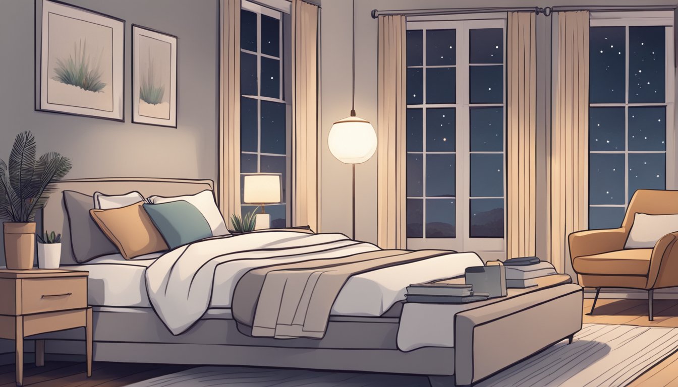 A serene bedroom with a cozy bed, soft lighting, and a calming color palette. A sleep tracker and journal sit on the nightstand, while a peaceful atmosphere encourages rest and relaxation