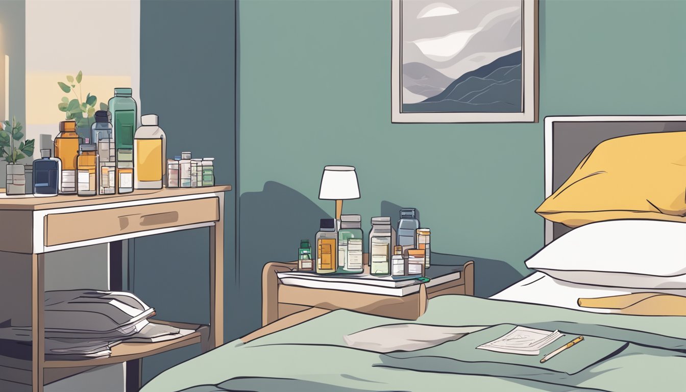 A peaceful bedroom with a nightstand holding various medication bottles, including Zepbound. A person lies in bed, surrounded by pillows, with a journal and pen nearby