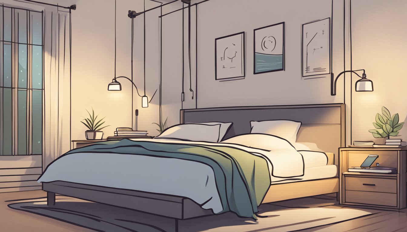 A cozy bedroom with a comfortable bed, soft lighting, and a serene atmosphere. A sleep tracker device is on the bedside table, and a journal with notes on sleep quality and Zepbound adjustments