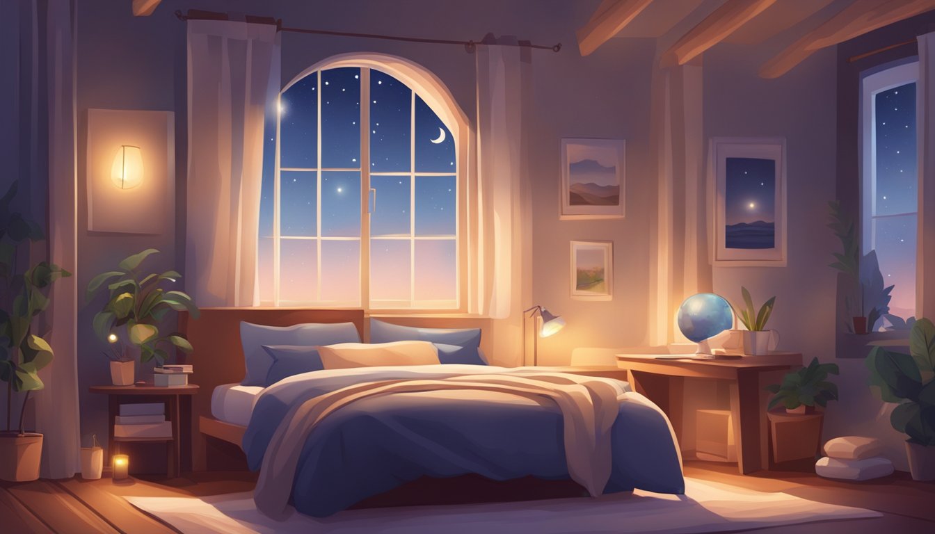 A cozy bedroom with a peaceful atmosphere, a comfortable bed with soft pillows, and a window with gentle moonlight shining through