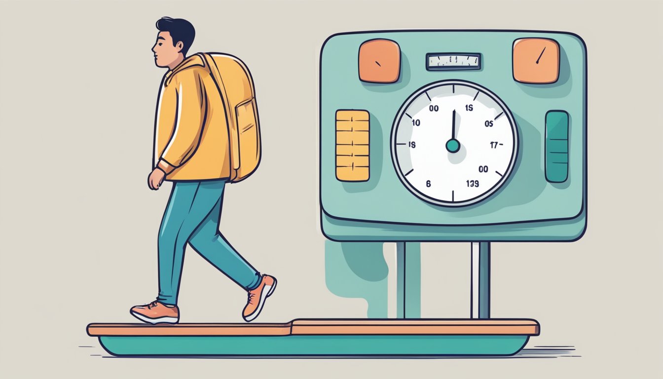 A person stepping on a scale, with a mix of determination and concern on their face. The scale shows a rapidly decreasing number