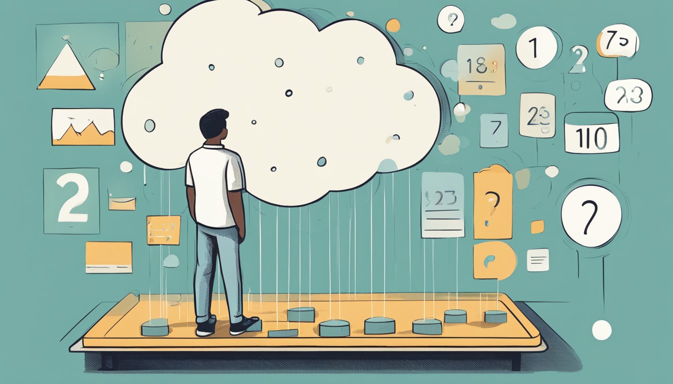 A person standing on a scale, looking distressed as the numbers rapidly decrease. A thought bubble above their head shows negative emotions