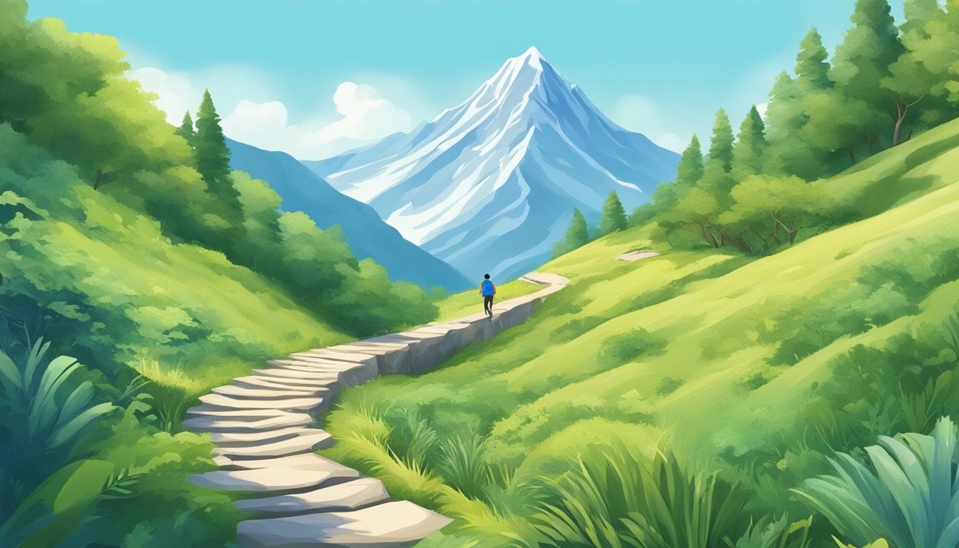 A mountain landscape with a winding trail leading to a summit. A person is seen walking up the path, surrounded by lush greenery and clear blue skies