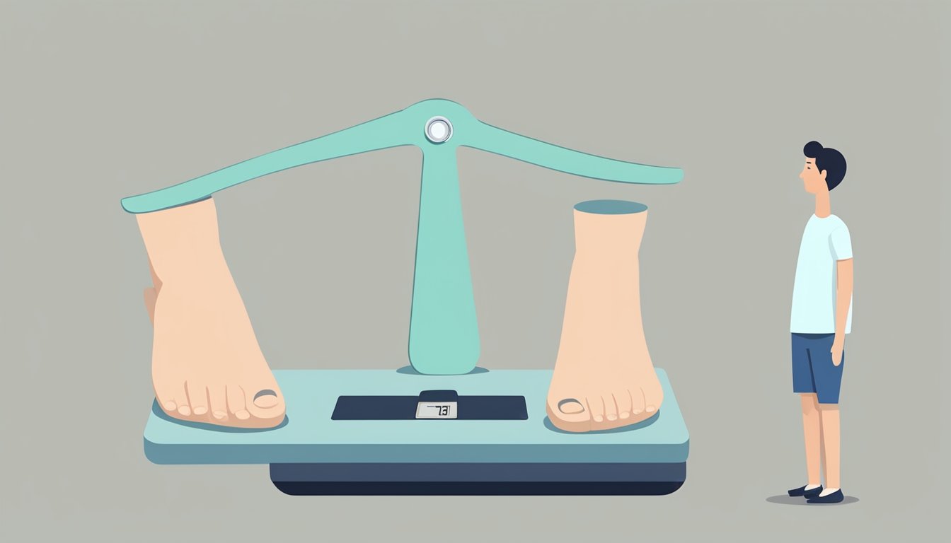 A person standing on a scale, with a smaller figure of themselves next to it, representing maintaining weight loss after Zepbound