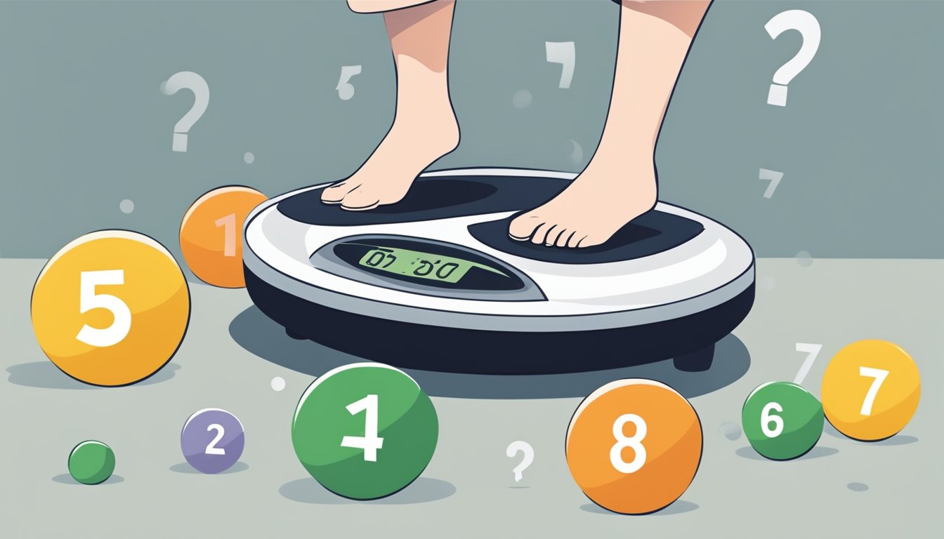 A person stepping on a scale, with a surprised expression as the numbers rapidly decrease