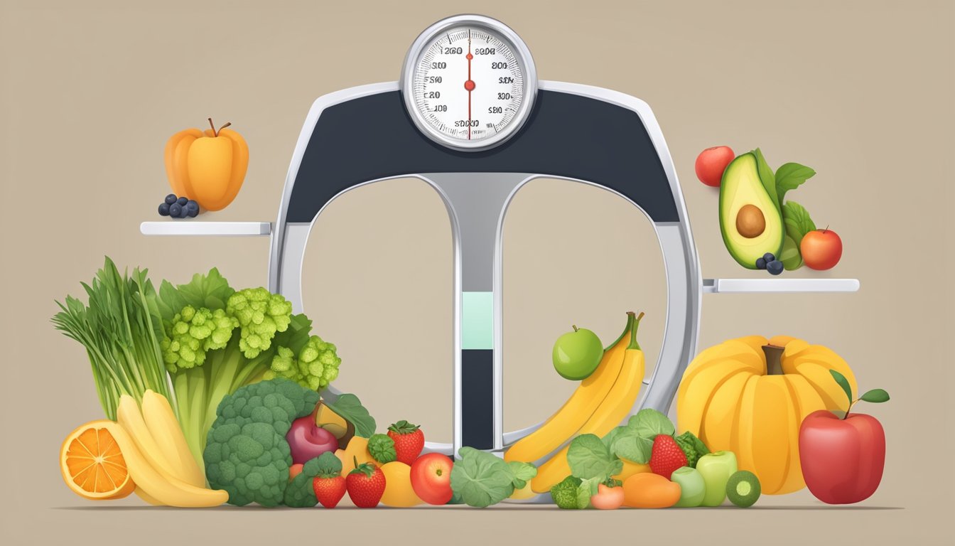 A scale with a downward arrow showing weight loss progress over time, surrounded by healthy food and exercise equipment