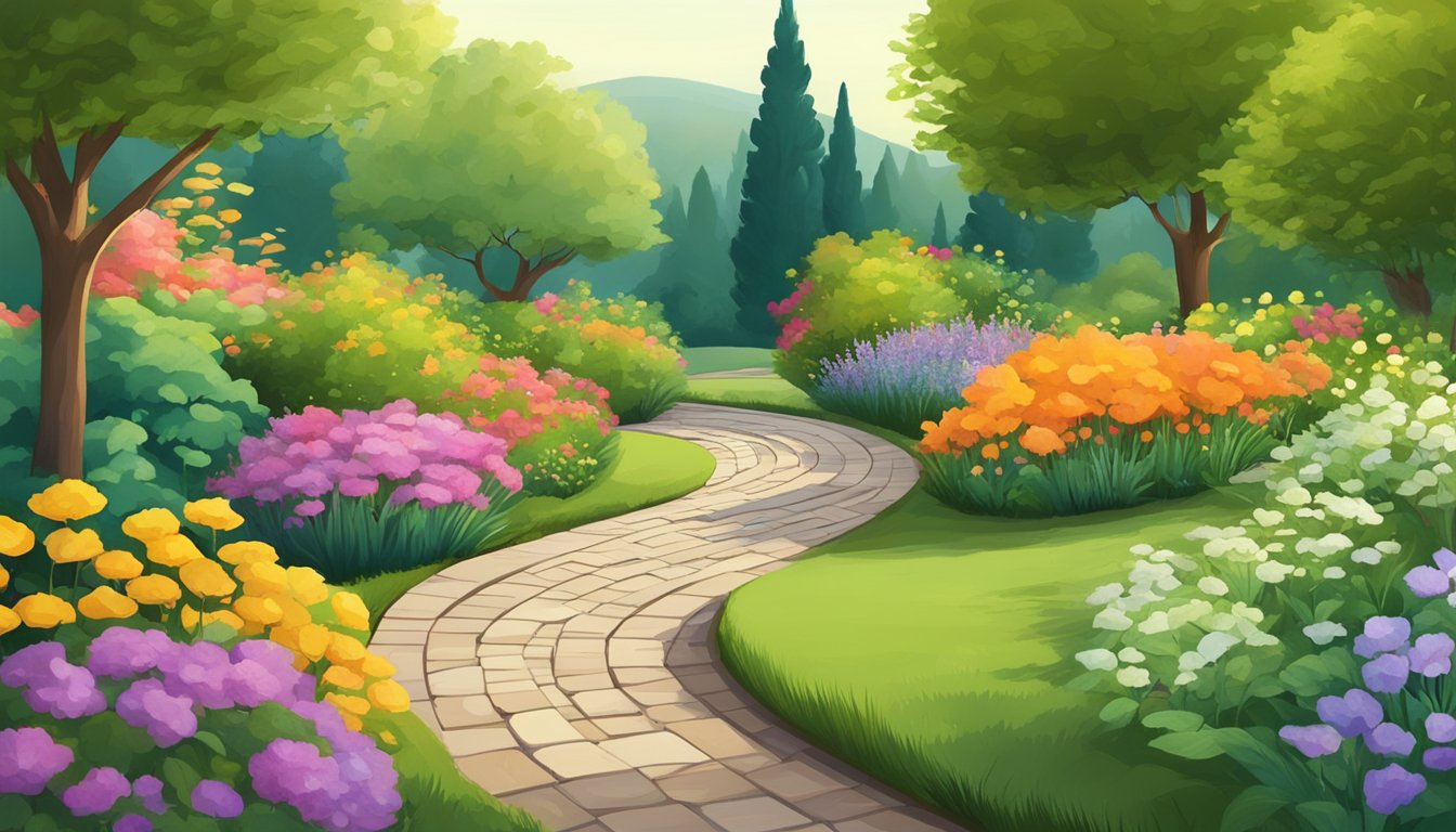 A serene landscape with a winding path leading to a healthy, vibrant garden, symbolizing the long-term commitment to maintaining weight loss after Zepbound