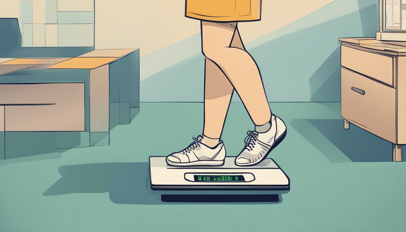 A person stepping on a scale, their face reflecting surprise and concern as the numbers rapidly decrease