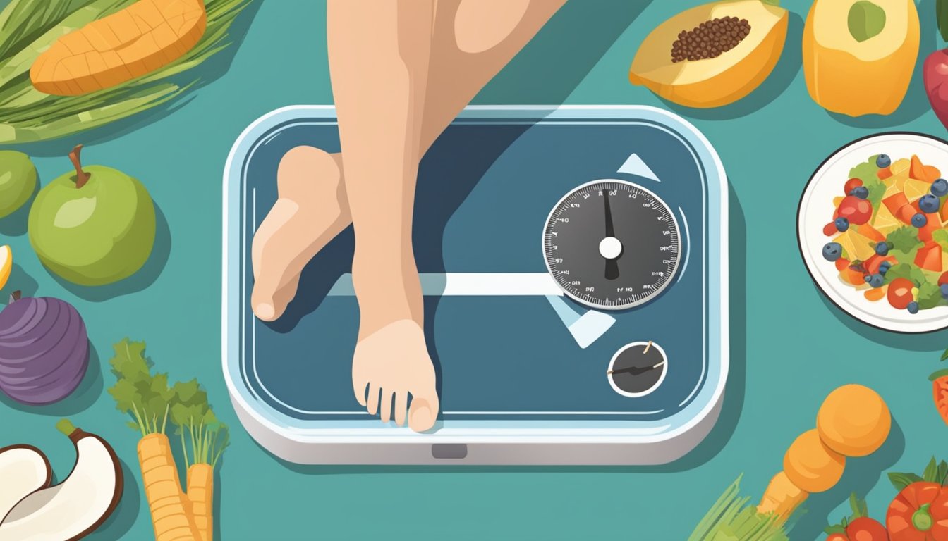 A person stepping on a scale, with a downward arrow indicating weight loss, surrounded by healthy foods and exercise equipment