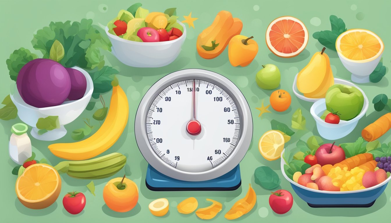 A colorful illustration of a scale with a stable weight reading, surrounded by healthy food, exercise equipment, and a positive motivational environment