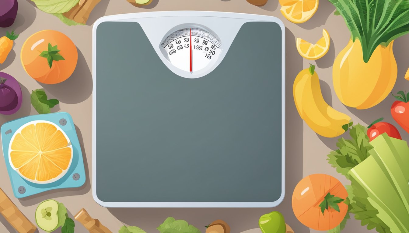 A scale surrounded by healthy food and exercise equipment, with a graph showing sustained weight loss over time