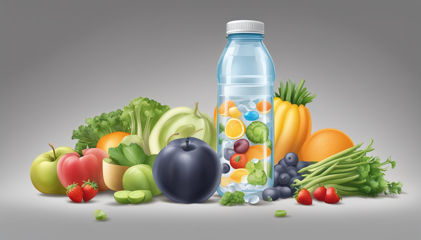 A clear water bottle surrounded by various fruits and vegetables, with a glass of water and a pill bottle labeled "Zepbound" nearby