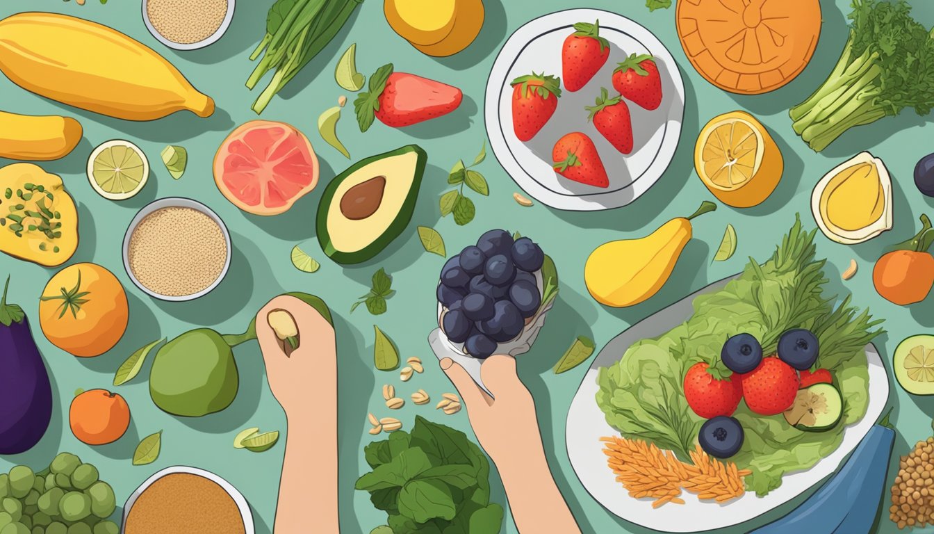 A colorful array of fresh fruits, vegetables, whole grains, and lean proteins arranged on a table, with a person practicing mindfulness while eating in the background