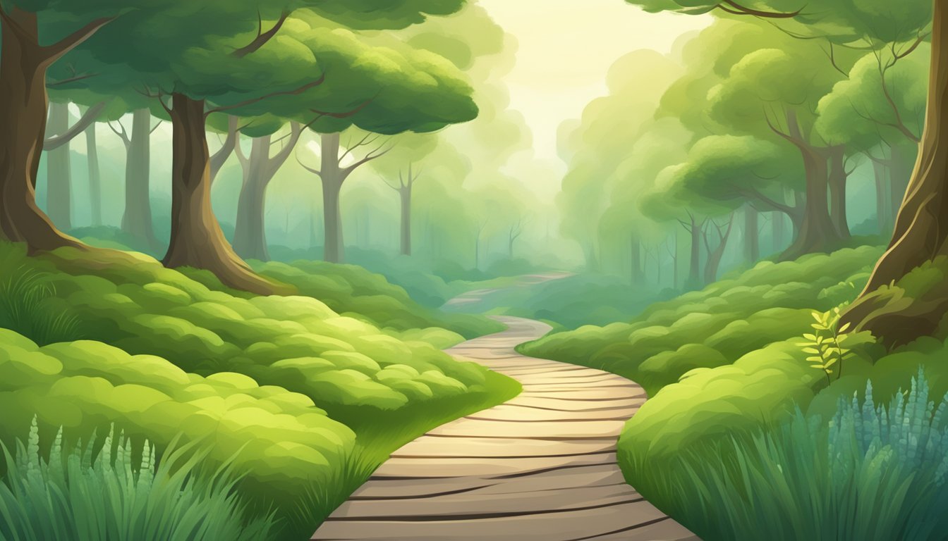 A serene landscape with a winding path leading through a lush forest, symbolizing the long-term journey of maintaining weight loss after Zepbound