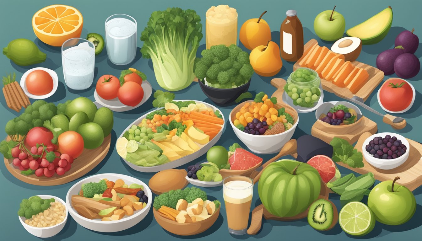 A diverse selection of healthy foods arranged in a balanced and visually appealing manner, surrounded by exercise equipment and a positive environment